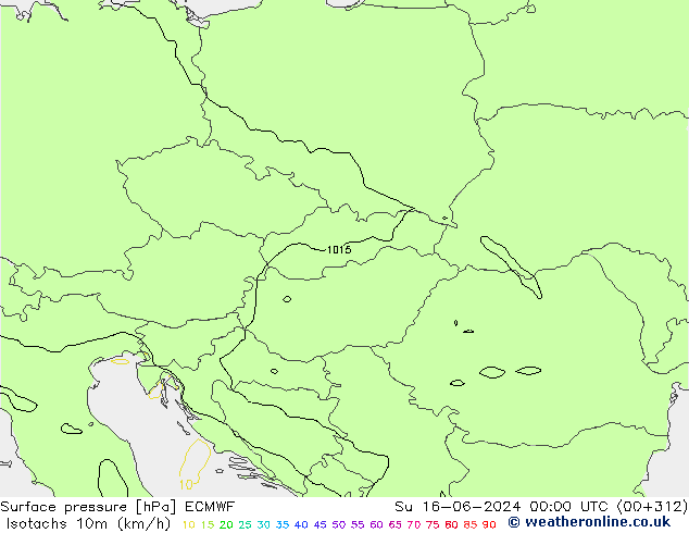 Izotacha (km/godz) ECMWF nie. 16.06.2024 00 UTC