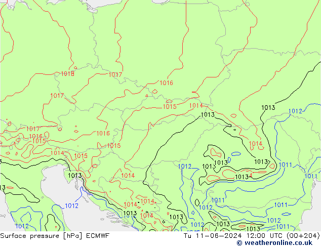 Surface pressure ECMWF Tu 11.06.2024 12 UTC