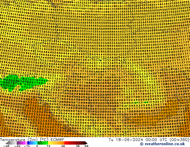 Temperatuurkaart (2m) ECMWF di 18.06.2024 00 UTC
