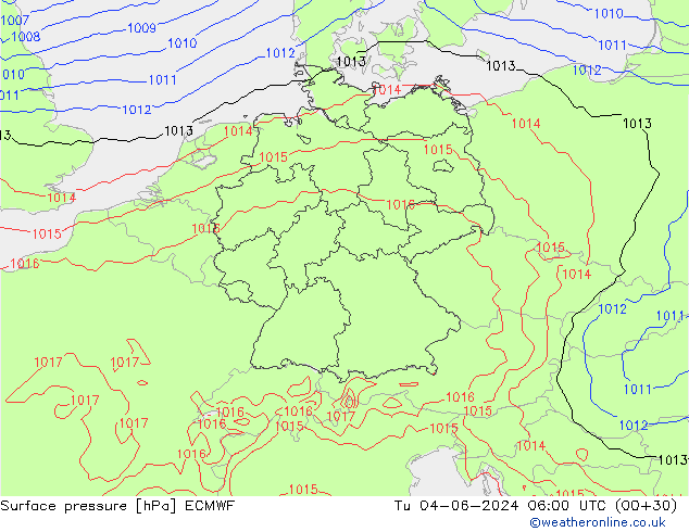 Surface pressure ECMWF Tu 04.06.2024 06 UTC