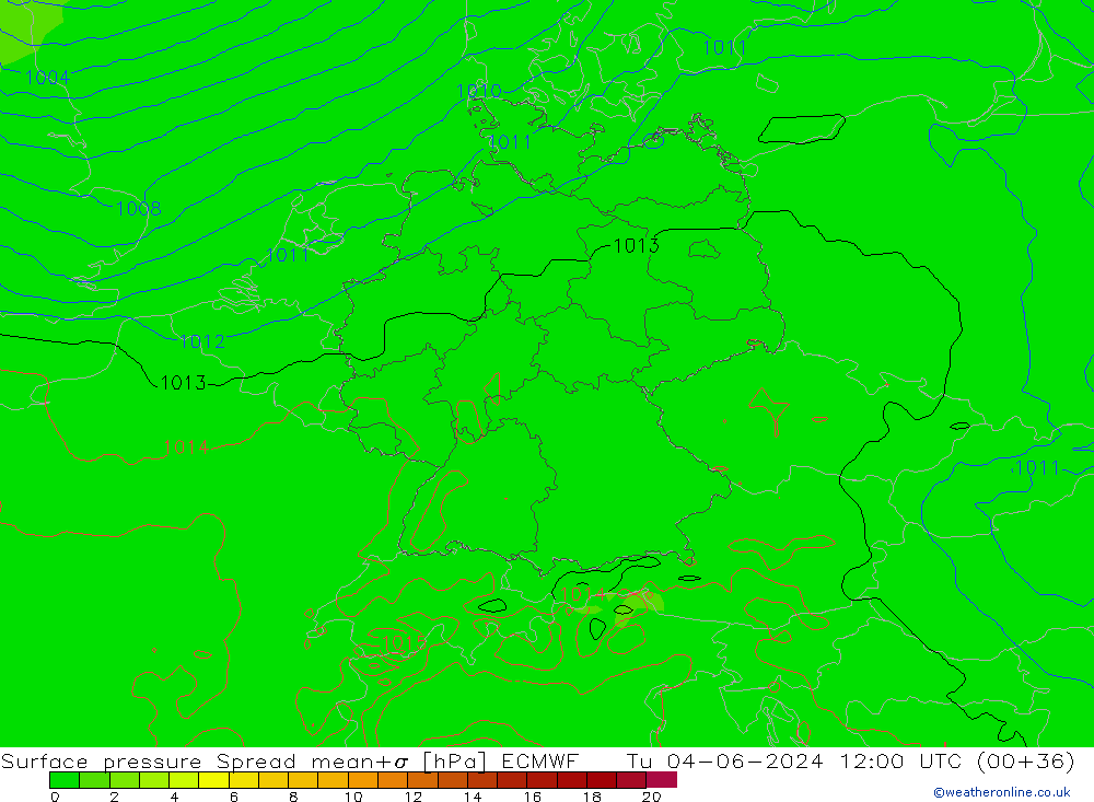 Surface pressure Spread ECMWF Tu 04.06.2024 12 UTC