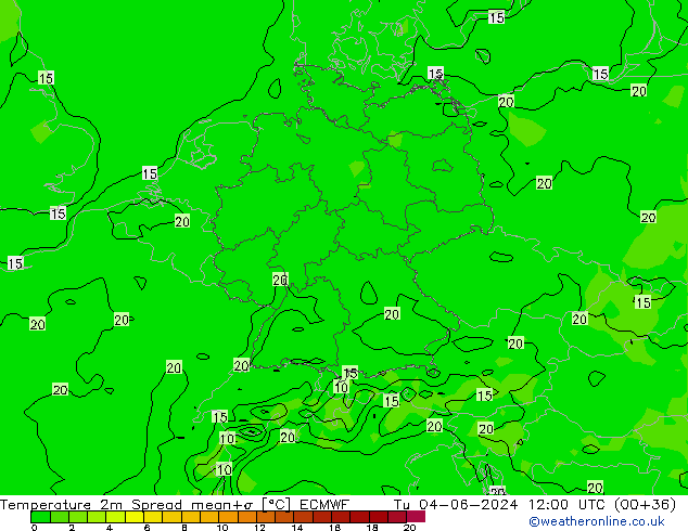 Temperaturkarte Spread ECMWF Di 04.06.2024 12 UTC