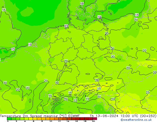 Temperature 2m Spread ECMWF Čt 13.06.2024 12 UTC