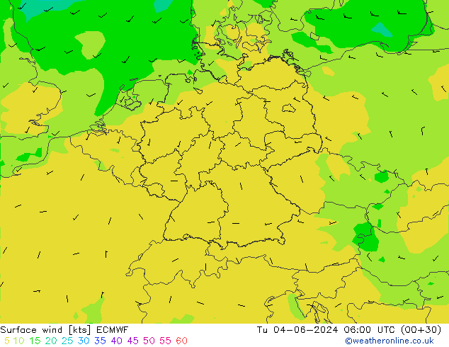 wiatr 10 m ECMWF wto. 04.06.2024 06 UTC