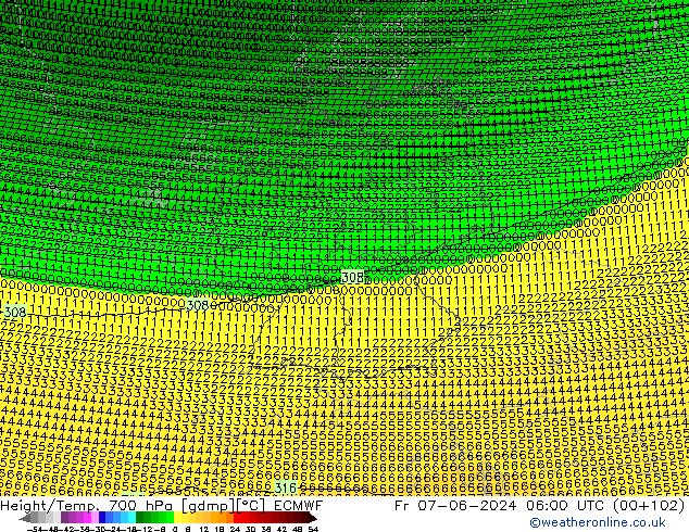 Hoogte/Temp. 700 hPa ECMWF vr 07.06.2024 06 UTC