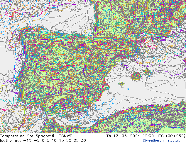 Temperatuurkaart Spaghetti ECMWF do 13.06.2024 12 UTC