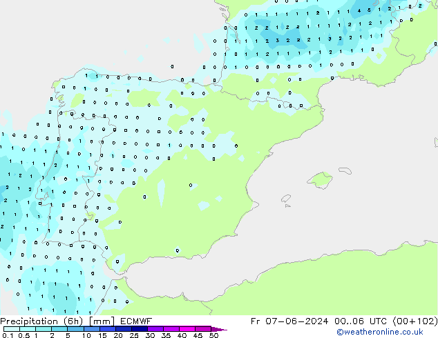 Precipitation (6h) ECMWF Fr 07.06.2024 06 UTC