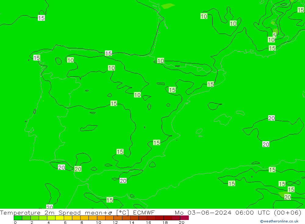Temperatura 2m Spread ECMWF lun 03.06.2024 06 UTC