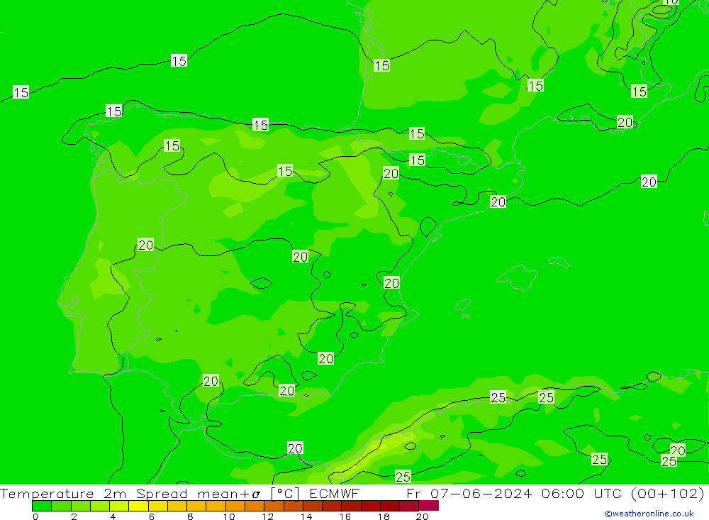 Temperature 2m Spread ECMWF Pá 07.06.2024 06 UTC