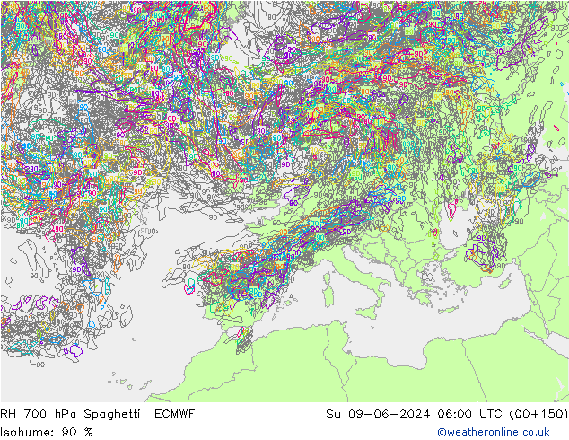 Humidité rel. 700 hPa Spaghetti ECMWF dim 09.06.2024 06 UTC