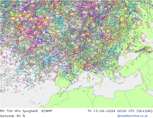 Humidité rel. 700 hPa Spaghetti ECMWF jeu 13.06.2024 00 UTC