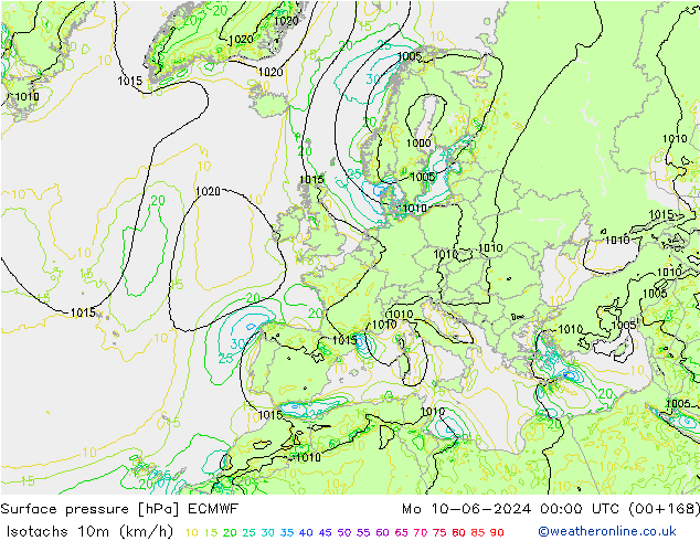 Isotaca (kph) ECMWF lun 10.06.2024 00 UTC