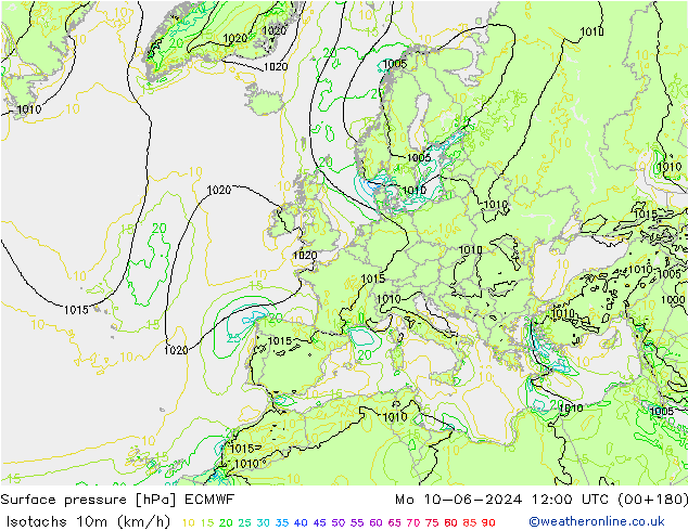 Isotachs (kph) ECMWF lun 10.06.2024 12 UTC