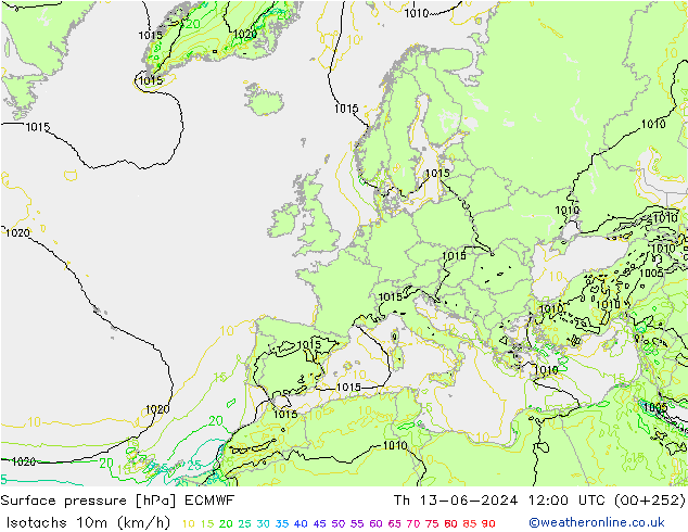 Isotachen (km/h) ECMWF do 13.06.2024 12 UTC