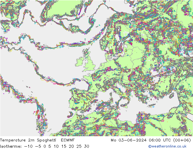 Temperatura 2m Spaghetti ECMWF lun 03.06.2024 06 UTC