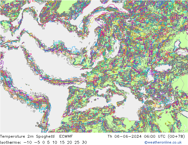 Temperature 2m Spaghetti ECMWF Čt 06.06.2024 06 UTC