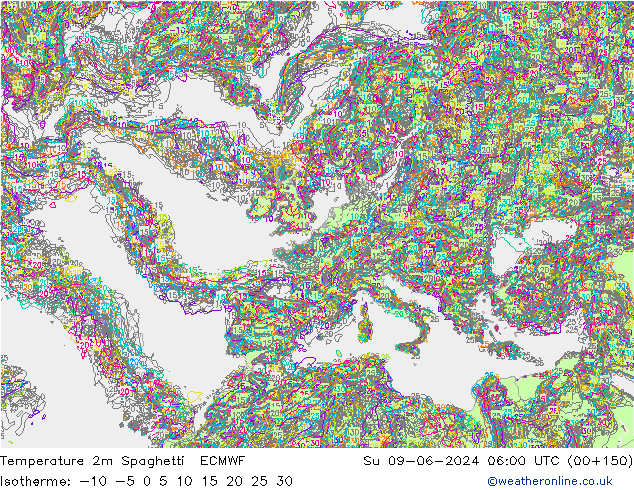 température 2m Spaghetti ECMWF dim 09.06.2024 06 UTC