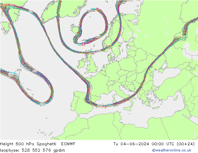 Height 500 hPa Spaghetti ECMWF Di 04.06.2024 00 UTC