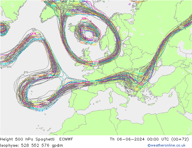 Height 500 hPa Spaghetti ECMWF Th 06.06.2024 00 UTC