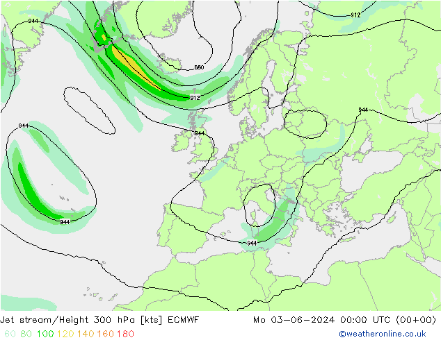 Jet stream/Height 300 hPa ECMWF Po 03.06.2024 00 UTC