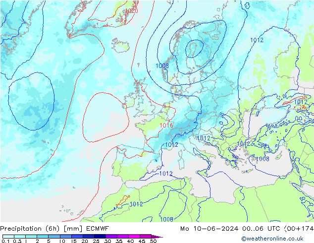 осадки (6h) ECMWF пн 10.06.2024 06 UTC