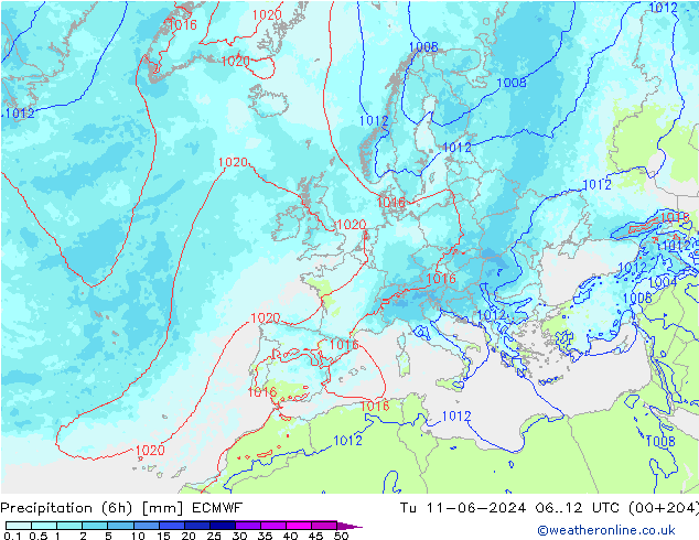 осадки (6h) ECMWF вт 11.06.2024 12 UTC