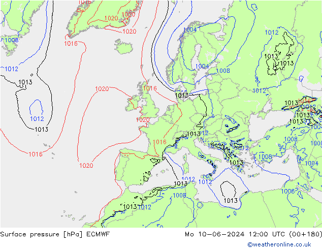 Atmosférický tlak ECMWF Po 10.06.2024 12 UTC