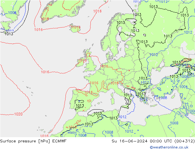 Bodendruck ECMWF So 16.06.2024 00 UTC