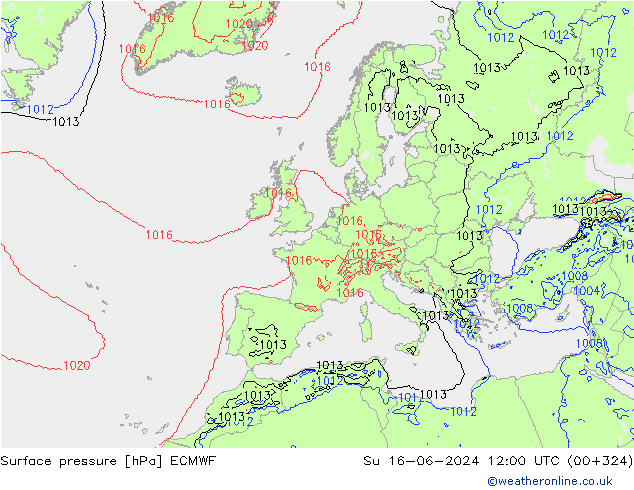 Luchtdruk (Grond) ECMWF zo 16.06.2024 12 UTC