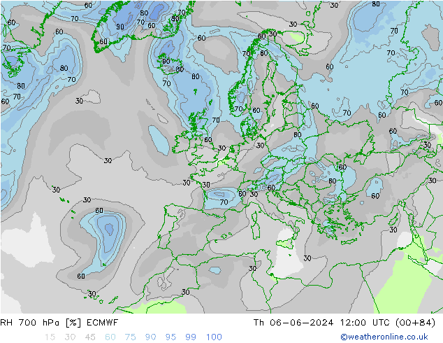 Humidité rel. 700 hPa ECMWF jeu 06.06.2024 12 UTC