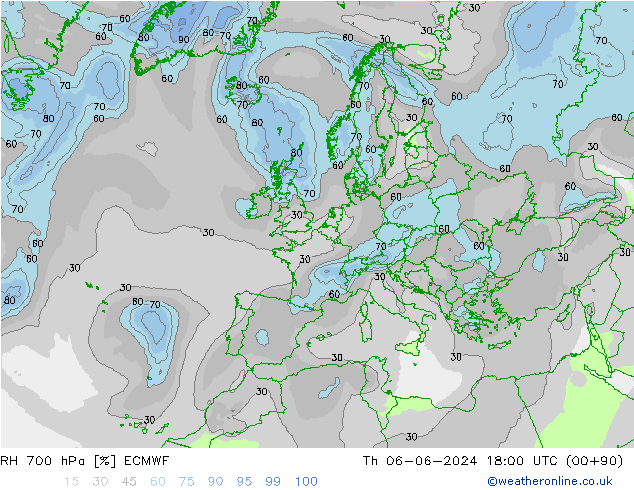 RH 700 hPa ECMWF czw. 06.06.2024 18 UTC