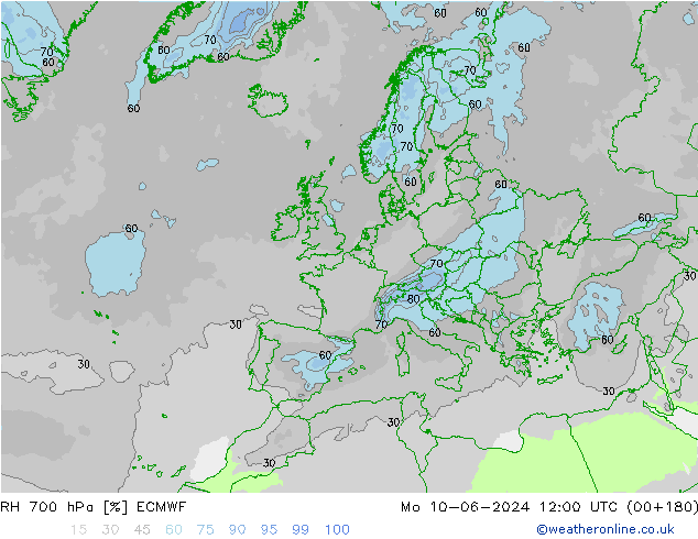 RH 700 hPa ECMWF pon. 10.06.2024 12 UTC