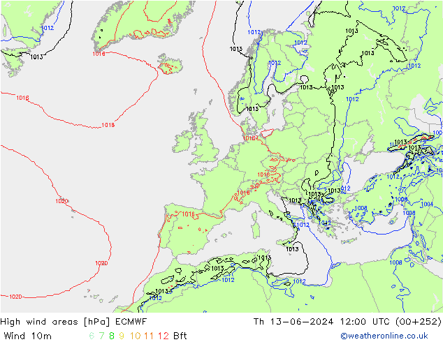 High wind areas ECMWF Čt 13.06.2024 12 UTC