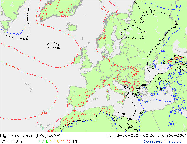 yüksek rüzgarlı alanlar ECMWF Sa 18.06.2024 00 UTC