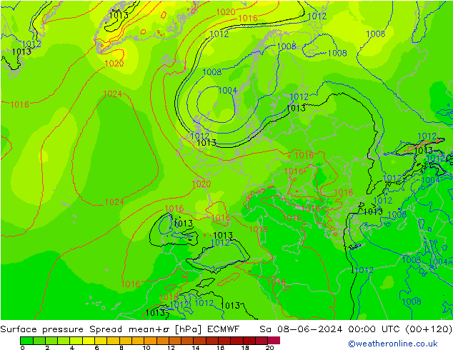 Surface pressure Spread ECMWF Sa 08.06.2024 00 UTC