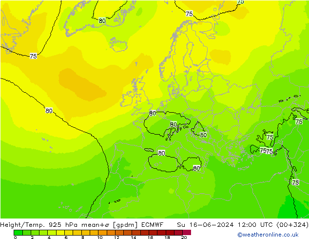 Height/Temp. 925 hPa ECMWF nie. 16.06.2024 12 UTC