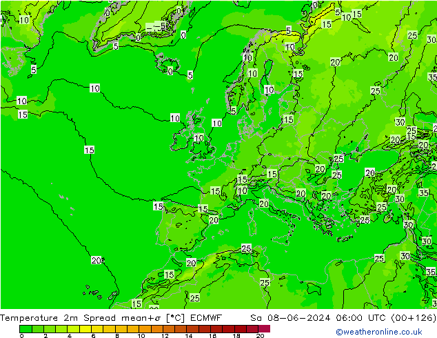 Temperature 2m Spread ECMWF Sa 08.06.2024 06 UTC