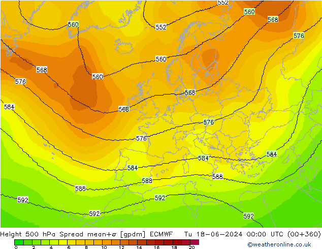 Height 500 hPa Spread ECMWF wto. 18.06.2024 00 UTC