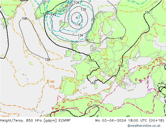 Height/Temp. 850 hPa ECMWF Po 03.06.2024 18 UTC