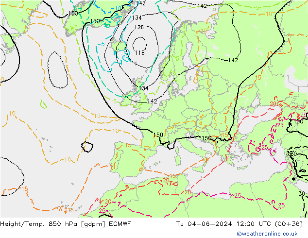 Height/Temp. 850 hPa ECMWF Di 04.06.2024 12 UTC