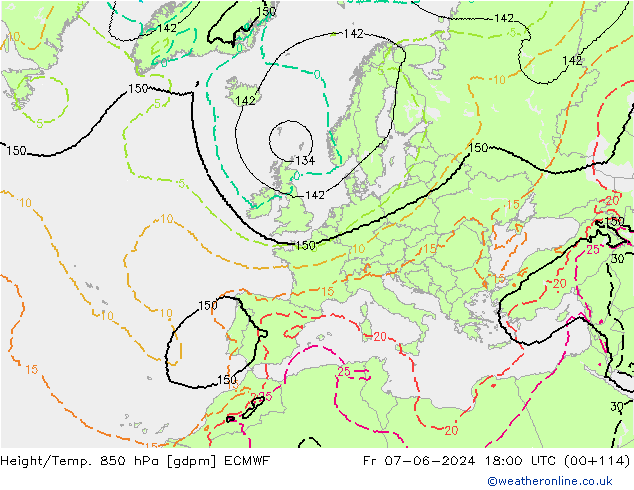 Hoogte/Temp. 850 hPa ECMWF vr 07.06.2024 18 UTC