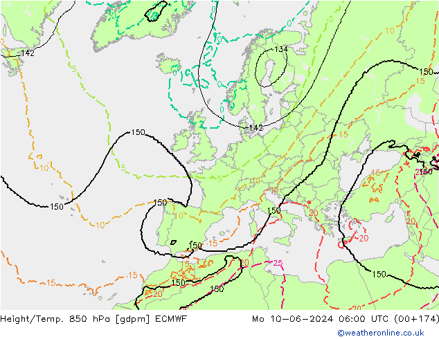 Height/Temp. 850 hPa ECMWF Mo 10.06.2024 06 UTC