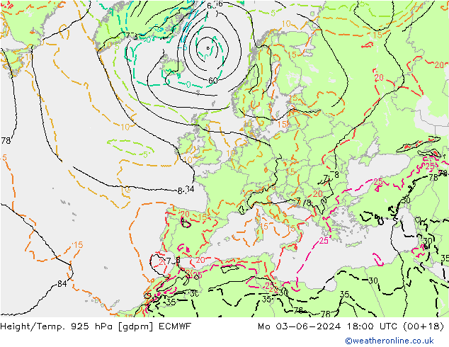 Height/Temp. 925 hPa ECMWF Po 03.06.2024 18 UTC