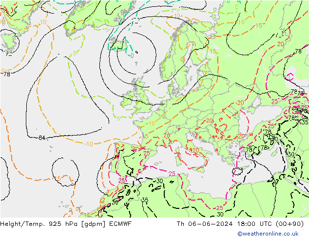 Height/Temp. 925 hPa ECMWF Th 06.06.2024 18 UTC