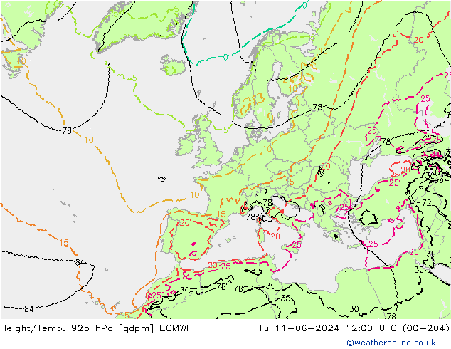 Height/Temp. 925 hPa ECMWF Di 11.06.2024 12 UTC