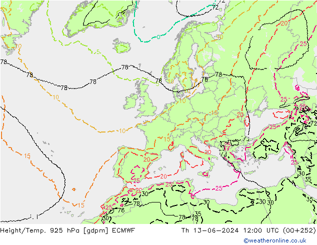 Height/Temp. 925 hPa ECMWF Qui 13.06.2024 12 UTC