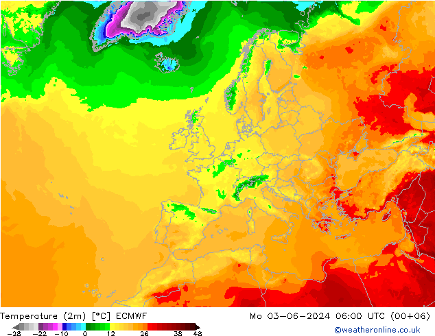 mapa temperatury (2m) ECMWF pon. 03.06.2024 06 UTC