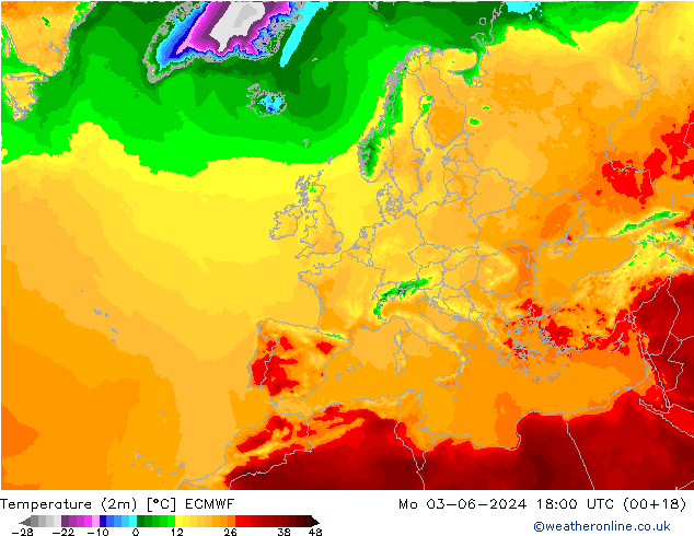 Temperaturkarte (2m) ECMWF Mo 03.06.2024 18 UTC