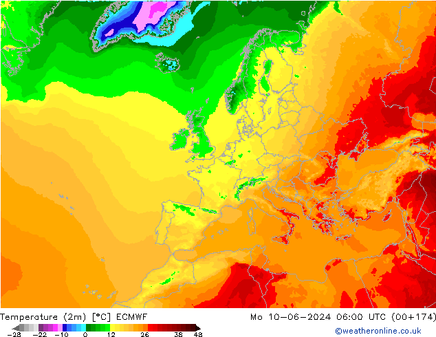 Temperatuurkaart (2m) ECMWF ma 10.06.2024 06 UTC