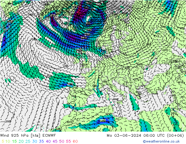 Viento 925 hPa ECMWF lun 03.06.2024 06 UTC